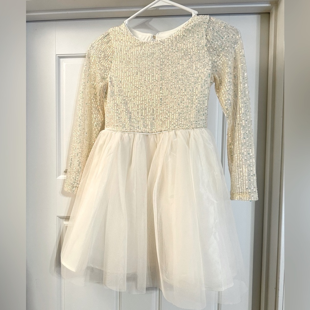 Zunie Kids Longsleeve White/Champagne Sequin and Mesh Party Dress Worn Once